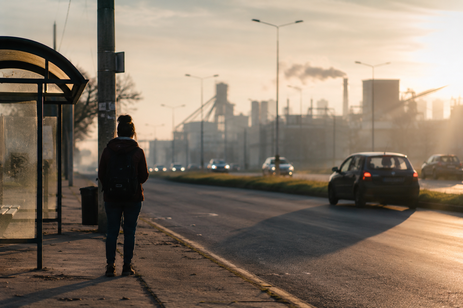 Persona esperando transporte público frente a un corredor industrial con circulación de autos.