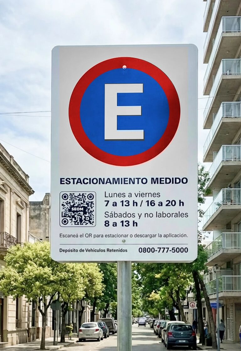 Cartel del Sistema de Estacionamiento Medido de Santa Fe en una calle con vehículos estacionados.