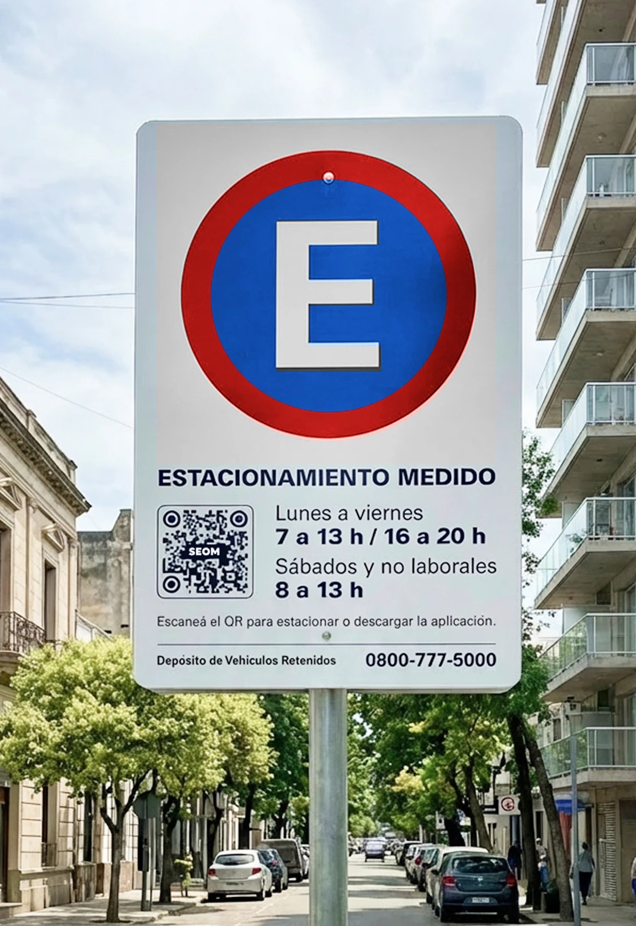 Cartel del Sistema de Estacionamiento Medido de Santa Fe en una calle con vehículos estacionados.