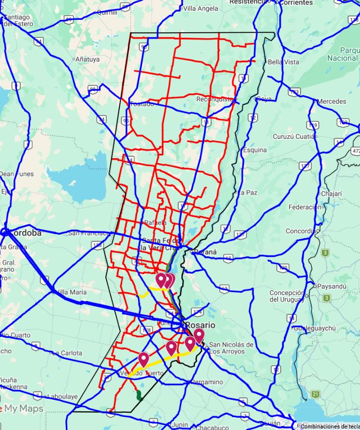 Mapa de la red vial de Santa Fe con corredores nacionales, rutas provinciales y tramos priorizados para bitrenes de hasta 75 toneladas.