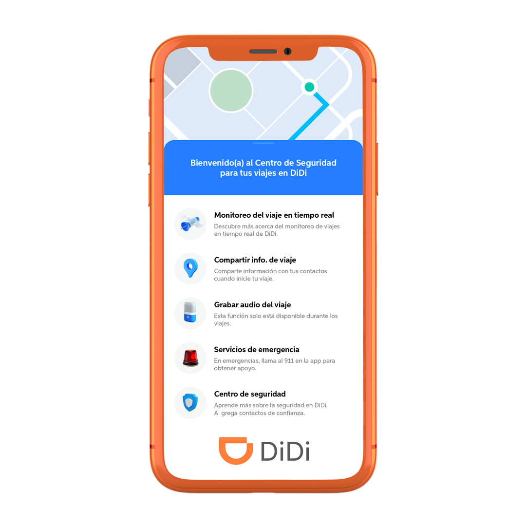 Centro de Seguridad de DiDi con herramientas de monitoreo del viaje en tiempo real.