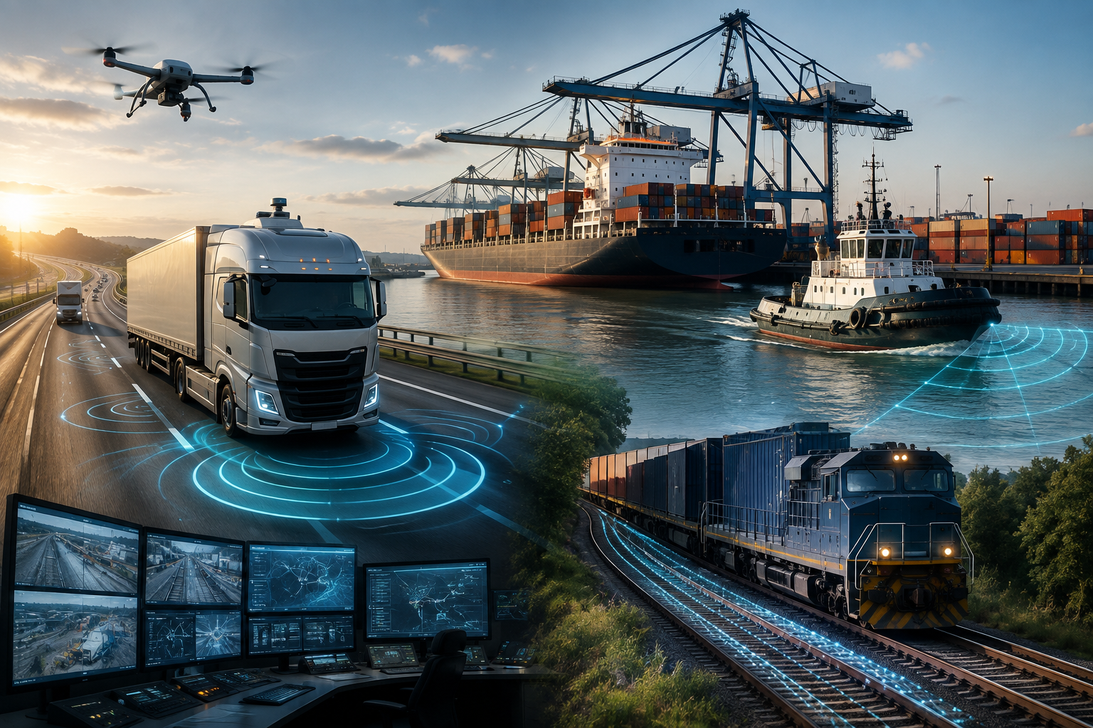 Camión, tren, puerto y embarcación en una composición sobre automatización logística.