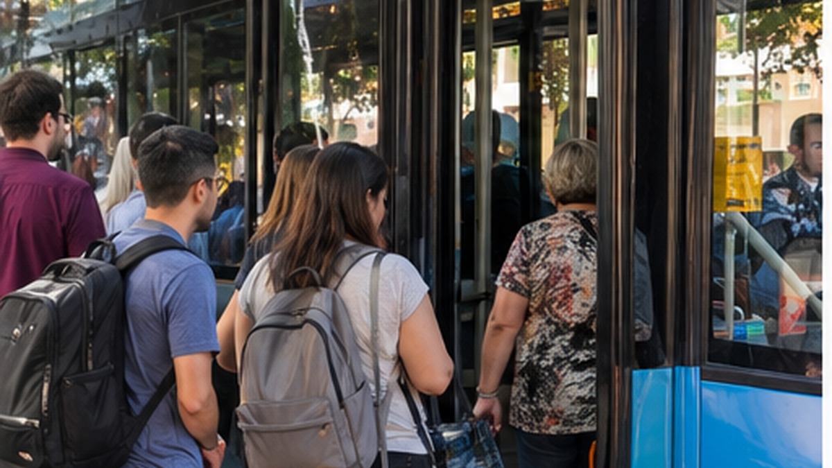 Vista ilustrativa de pasajeros ascendiendo a un colectivo urbano