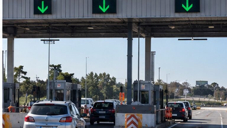 Vista ilustrativa de un sistema de peaje vial con circulación vehicular