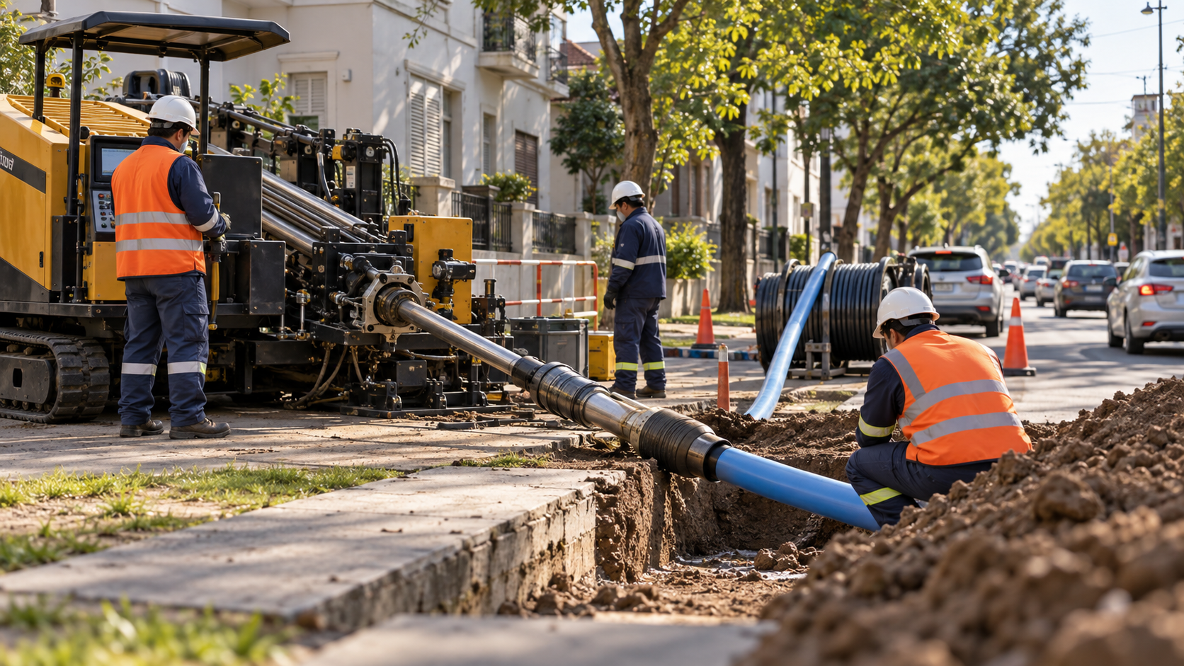 Ilustración de operarios renovando una cañería de agua con maquinaria en una calle urbana.