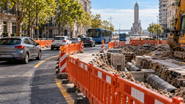 Ilustración de vallas de obra y vehículos desviados en una avenida urbana de Rosario.