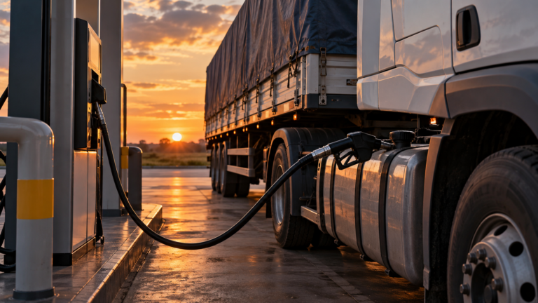 Ilustración de un camión de cargas cargando gasoil en una estación de servicio.
