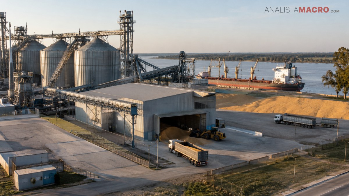 Ilustración de instalaciones de almacenamiento de granos y carga portuaria