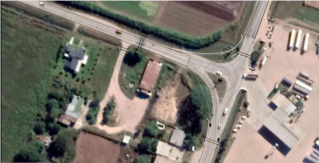 Vista aérea de la intersección de las rutas provinciales 2 y 5 con el diseño proyectado de la rotonda en Monte Vera